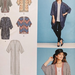 May include: A sewing pattern envelope for an easy-to-sew open-front kimono-style garment. The cover displays illustrations of five variations with different patterns and lengths, alongside photographs of two finished garments worn over tops and pants.