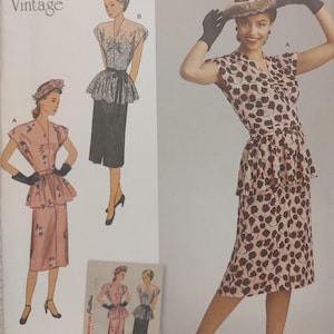May include: Vintage sewing pattern featuring illustrations of dresses with peplum details. The dresses are in shades of pink and black, with floral and lace accents. The image includes the word "Vintage" at the top.