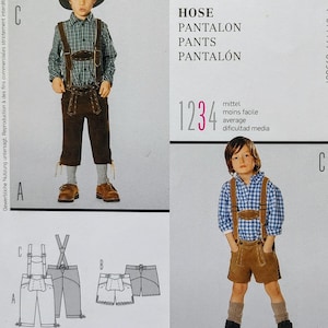May include: A sewing pattern for children's lederhosen-style pants and shorts, featuring illustrations of two outfits with suspenders, plaid shirts, and hats. The text includes HOSE, PANTALON, PANTS, PANTALÓN, and difficulty level 1234.