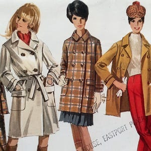May include: A vintage sewing pattern envelope illustration featuring five figures wearing various coats, including plaid, solid white, tan, and red designs. The text on the right side reads Size 12 Bust 32, and text at the bottom reads HOUSE, EASTPORT PLAZA.