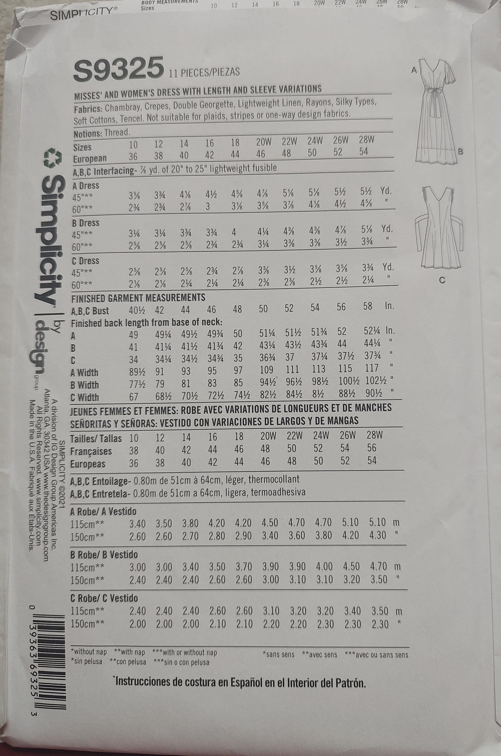 Simplicity Pattern 9325 Uncut Misses Size 20-28, Sewing Pattern Simplicity 9325, Dress Gown ...