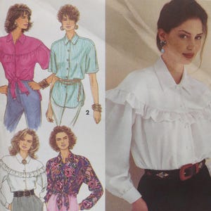 Uncut Misses Size 6-10, Sewing Pattern, Simplicity 8619, Blouse, Collar, Cuffs, Ruffles, Lace, Small, Yoke, Western Style, Ties at Waist