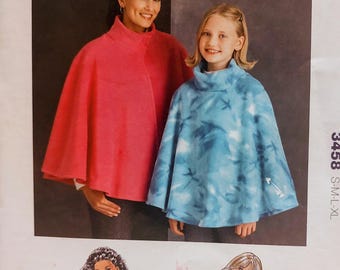Uncut Misses Child Size XS-XL, Sewing Pattern, Kwik Start Sew 3458, Poncho, Cape, Jacket, Coat, Fleece, Learn to Sew Beginners, Fast Easy