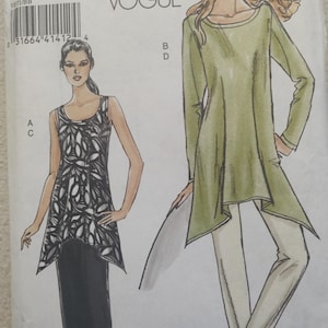 May include: A Very Easy Vogue pattern, V8371, featuring illustrations of women's clothing designs. The designs include a sleeveless top with a black and white pattern, a long-sleeved tunic, and pants. The pattern size is BB (8-10-12-14).