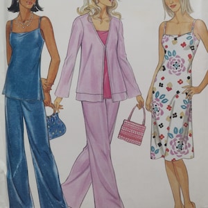 May include: Illustration of three women modeling different outfits. One wears a blue camisole and matching pants, another a pink pantsuit, and the third a white floral print dress. Each outfit is paired with a purse and shoes.