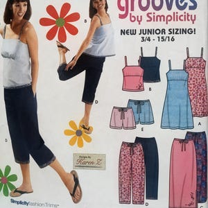 Uncut Jr Misses Size 12-16, Sewing Pattern, Simplicity 9195, Top, Pants, Shorts, Skirt, Dress, Junior, Sleeveless, Capris, Elastic Waist