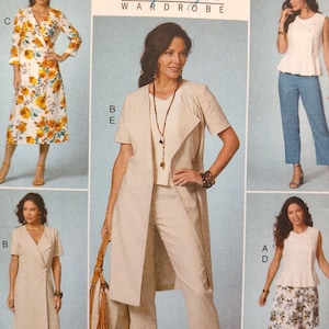 May include: A collage of women's fashion items. Includes a floral wrap dress, a beige pantsuit with a long vest, a white top with blue pants, and a beige dress. The text "Lifestyle Wardrobe" is at the top.
