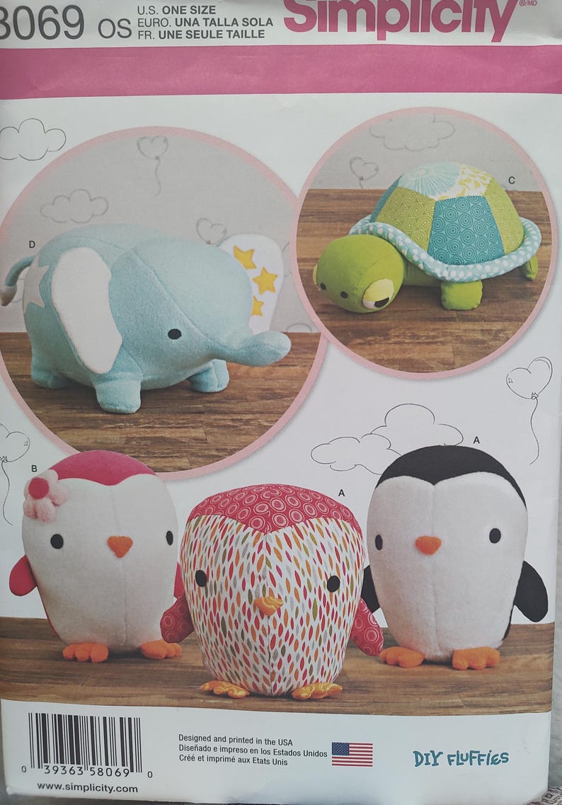 Uncut Simplicity Crafts Sewing Pattern 8069, Stuffed Animals, Elephant ...