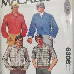 May include: A sewing pattern for four different shirts. The pattern is for a men's size 38 neck, size 15. The shirts are shown in red, blue, plaid, and plaid. The pattern is from McCall's.
