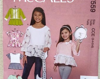 Uncut Child Size 3-6, McCalls 7559, Sewing Pattern, Little Girl, Top, Shirt, Blouse, Toddler Girl, Lace Trim, High Low Hemline, Long Sleeves