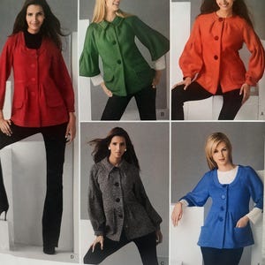 May include: A Simplicity sewing pattern envelope featuring five variations of a button-front jacket with long sleeves and front pockets. The designs are shown in red, green, orange, grey tweed, and blue, each paired with black pants and white shirts.