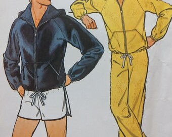 Uncut, Men's Size 34-36 Inch Chest, Vintage Sewing Pattern, Simplicity 8360, Jacket, Pants, Shorts, Hood, Zipper, Kangaroo Pockets, Elastic
