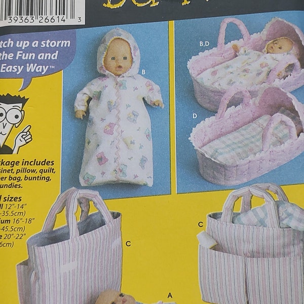 Uncut, Fits Doll Size S-L, Simplicity Crafts Sewing Pattern 5554, For Dummies, Clothes, Carrier, Diaper Bag with Changer, Bunting, Pillow,