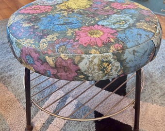 Amazing MCM Vintage Floral Vinyl Upholstered Metal Ottoman/ Footstool
