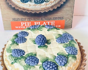 Vintage Ceramic Pie Keeper with hand-painted Blueberry Lattice Design.