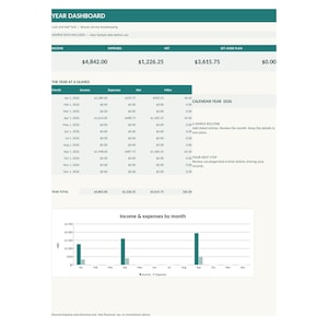 May include: A digital year dashboard spreadsheet for lash and nail tech bookkeeping. The layout includes income, expenses, net, and set-aside plan columns, a monthly summary table for 2026, and a bar chart visualizing income and expenses by month.