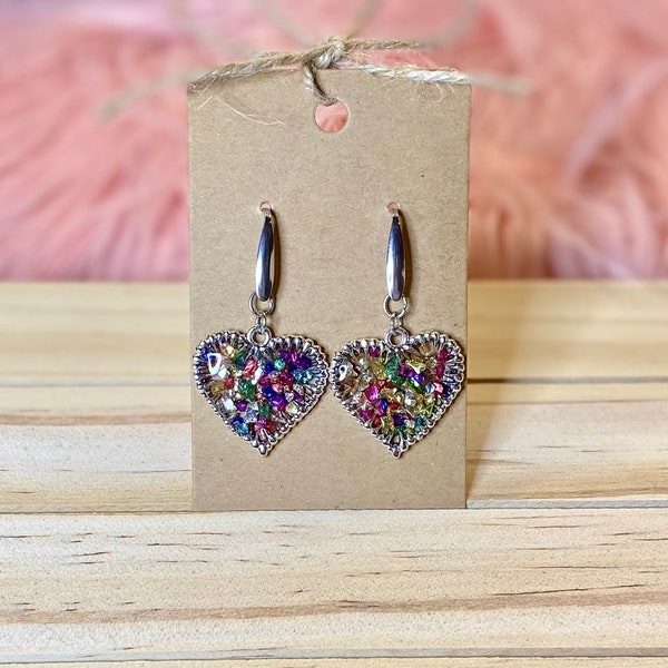 Handmade Earrings Crushed Glass Resin Earrings Heart Jewelry for Her Custom Heart Earrings Personalized Earring Gift for her Handmade Gift