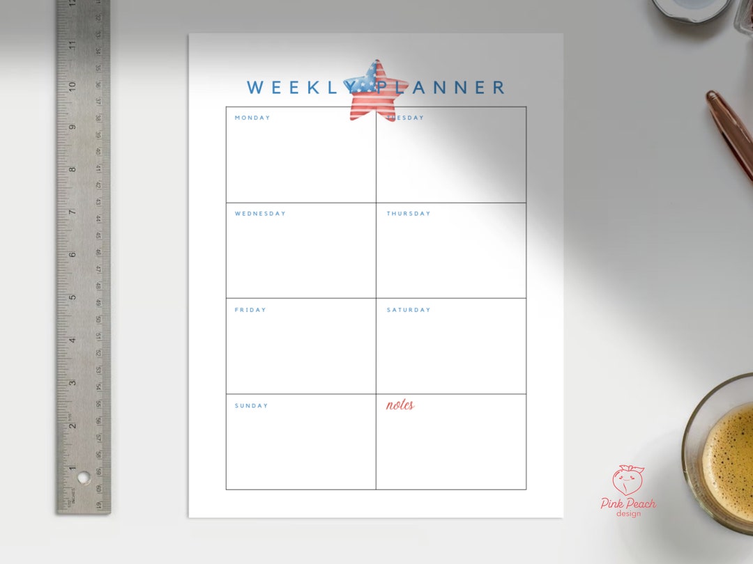 PRINTABLE July Weekly Calendar, Simple Weekly Desktop Notes, Instant ...