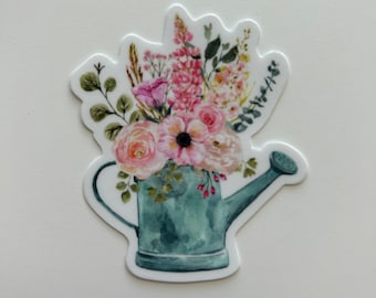 Watering Can with Flowers Vinyl Sticker - Weatherproof Floral Decal for Laptop, Water Bottle, Car