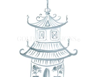 Könnte beinhalten: Aquarell-Illustration einer Pagode in Blau-Grau-Tönen. Die Pagode hat mehrere gestaffelte Dächer, dekorative Dachvorsprünge und kleine Topfpflanzen. Das Bild hat eine weiche, künstlerische Anmutung, mit dem Text "GOLDEN DESIGNS" unten links.