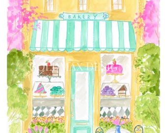 Bakery Watercolor Print | Whimsical Café Scene Wall Art | Building Wall Art
