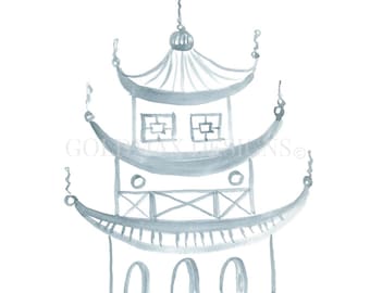 Könnte beinhalten: Aquarell-Illustration einer Pagode in Blau-Grau-Tönen. Die mehrstöckige Struktur weist geschwungene Dächer, Bogenfenster und dekorative Details auf. Das Bild hat eine weiche, künstlerische Qualität, ideal für Wandkunst oder Heimdekoration.