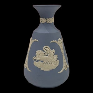 Wedgwood Classical Blue & White Jasperware Vase 5”  3 Mythology Scene VTG VGC