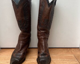 Brown Italian Leather Snip Cap Toe Patterned Cowboy Boots Uk 7 Women's Used