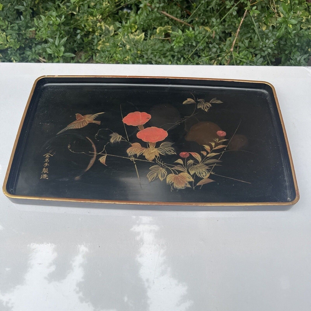 Etched Lacquered Wood Tray Red over Black w Deer & Birds