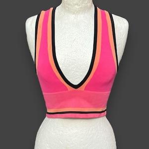 Urban Outfitters Josie Ribbed V-Neck Vest Top Hot Pink W black &Orange stripes image 1