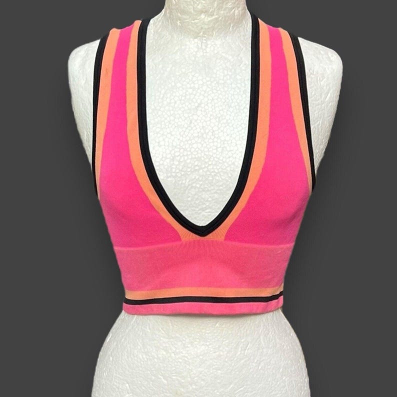 Urban Outfitters Josie Ribbed V-Neck Vest Top Hot Pink W black &Orange stripes image 1
