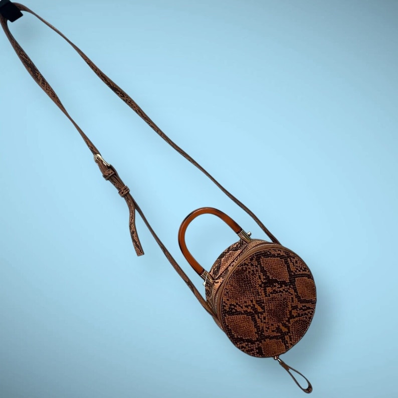 Round Mini Circle Crossbody Purse Bag With Handle in Tan Faux Python Snake - NEW image 1