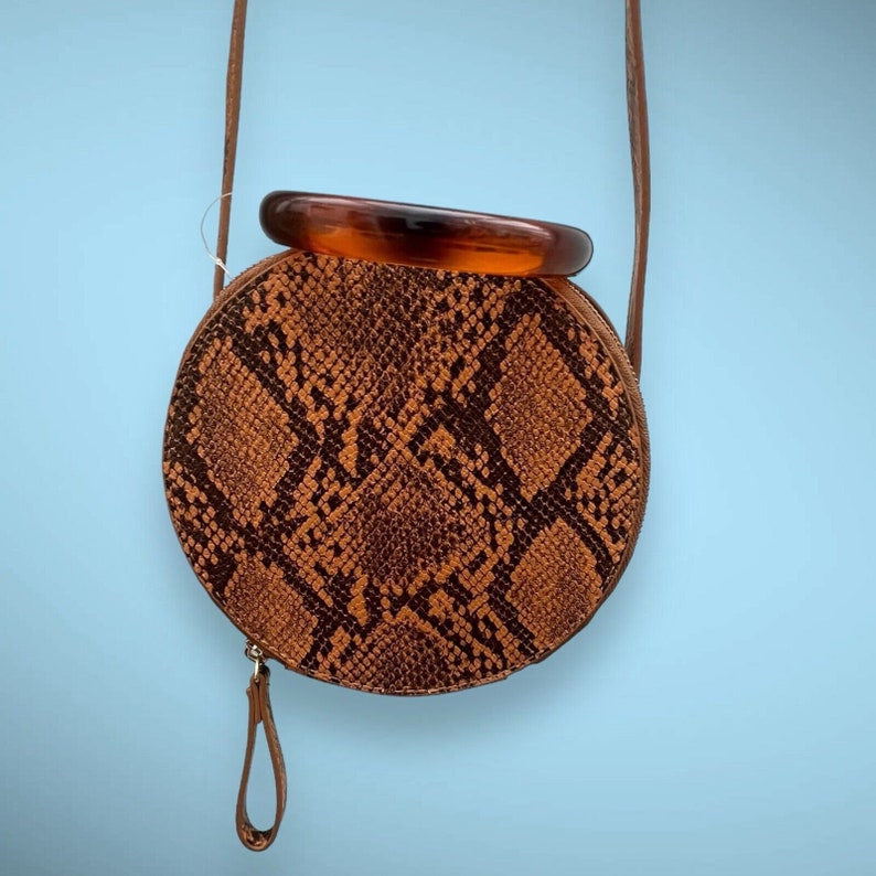 Round Mini Circle Crossbody Purse Bag With Handle in Tan Faux Python Snake - NEW image 4