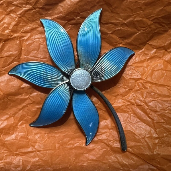 Norway Aksel Holmsen MCM 925  Blue White Enamel Flower Broach 3' X 3' Sold As Is