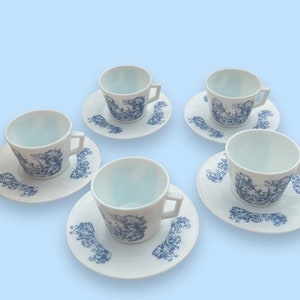 Vintage Set 5 Arcopal Opal Glass Coffee Tea Cups Saucers Blue White 1970s France