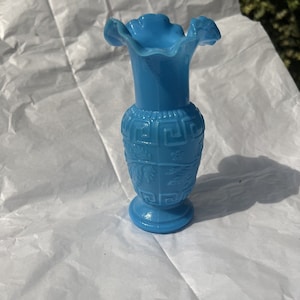 Blue Opaline Milk Glass Vase Portieux Vallerysthal Ruffled Top. French VTG VGC
