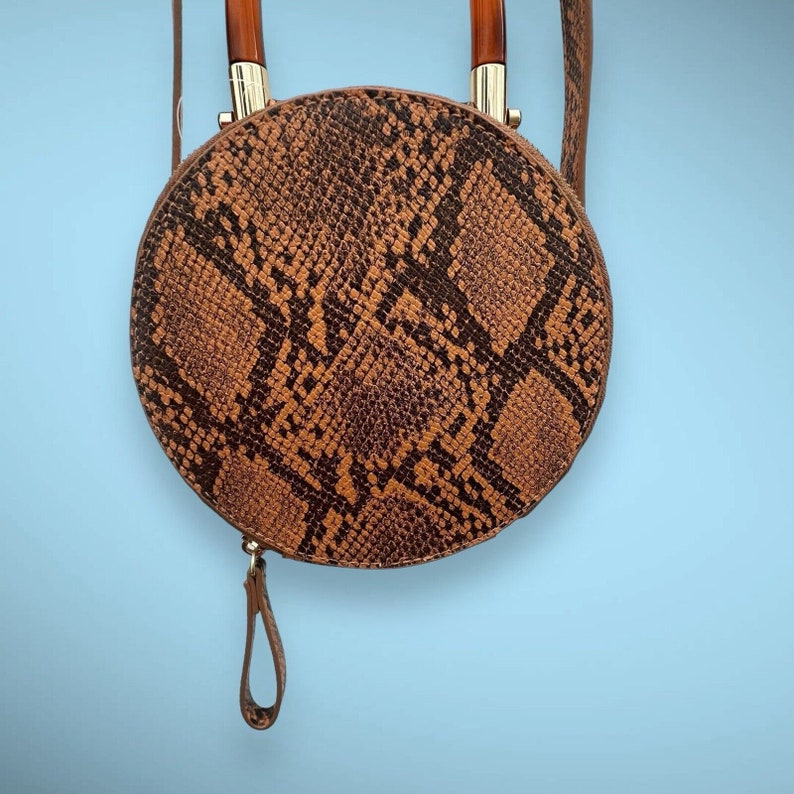 Round Mini Circle Crossbody Purse Bag With Handle in Tan Faux Python Snake - NEW image 3