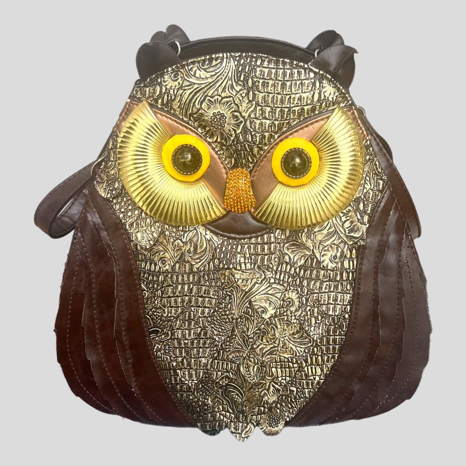 Owl Purse Backpack Faux Leather With Rhinestone Nose Embossed Gold Feathers New