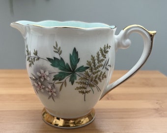 Queen Anne "Louise" aquagroen goud 24-karaats creamer en open suikerpot Vtg Gebruikt Vgc