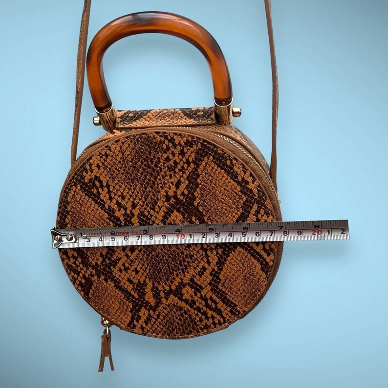Round Mini Circle Crossbody Purse Bag With Handle in Tan Faux Python Snake - NEW image 8