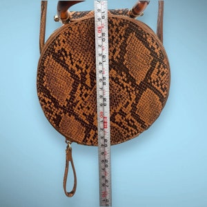 Round Mini Circle Crossbody Purse Bag With Handle in Tan Faux Python Snake - NEW image 7