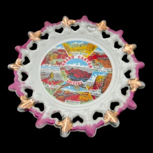 Grand Canyon Arizona Souvenir Plate Reticulated Heart Shape Edge Pink Vtg
