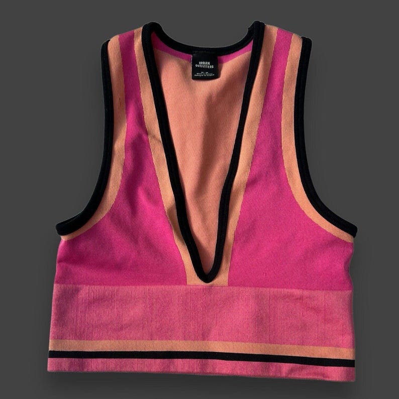 Urban Outfitters Josie Ribbed V-Neck Vest Top Hot Pink W black &Orange stripes image 6