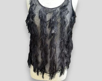 Top French Connection w kolorze czarnym z frędzlami i siateczką, bez rękawów, damski, rozmiar S, rozmiar Vgc