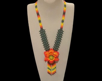 Huichol Artistic Sunflower Necklace Mexican Ornate Chaquira Beads New