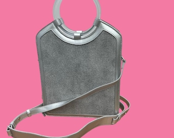 Silver Bag with detachable and adjustable strap and clear handles