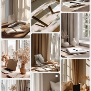 May include: A collage of images featuring laptops, notebooks, and decorative vases. The items are arranged on wooden surfaces and near windows with beige curtains. The overall aesthetic is minimalist and neutral, with a focus on natural light and soft colors.