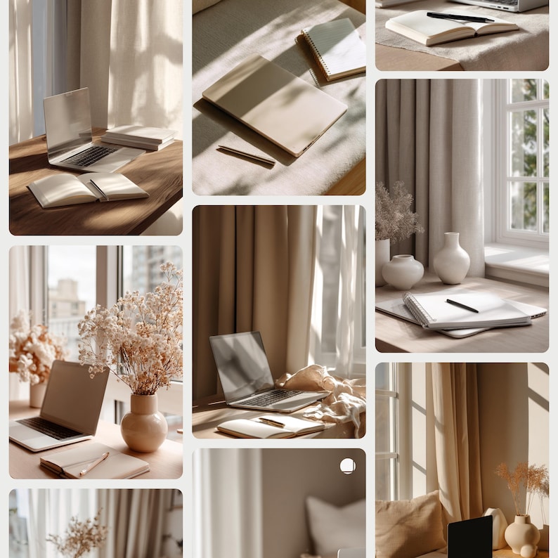 May include: A collage of images featuring laptops, notebooks, and decorative vases. The items are arranged on wooden surfaces and near windows with beige curtains. The overall aesthetic is minimalist and neutral, with a focus on natural light and soft colors.