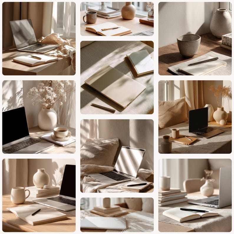 May include: A collection of lifestyle images featuring laptops, notebooks, pens, and coffee cups. The neutral color palette includes beige, cream, and white, creating a minimalist and cozy aesthetic. The images showcase a workspace or study area with natural light.