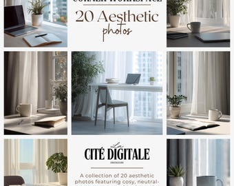 コーナーワークスペースオフィスのストックフォト｜ニュートラルなインテリア、ミニマルなデスク｜ニュートラルなデスクの写真パック（デジタルダウンロード）
